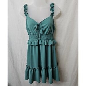Womens Sz Large Green Tiered Babydoll Mini Dress Ruffle Boho Coquette Milkmaid